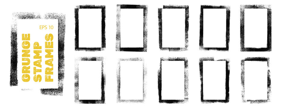 Grunge stamp frames set, vertical borders with handmade rolled ink texture. Distressed stencil banner templates with letterpress grain. Vector illustration isolated on transparent background