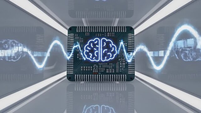 Futuristic digital corridor with brain graphics and circuit board design, showcasing technology evolution