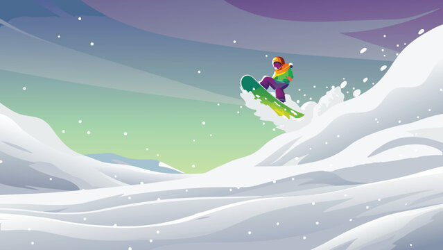 Snowboard Trick Jump Scene Vector Illustration of