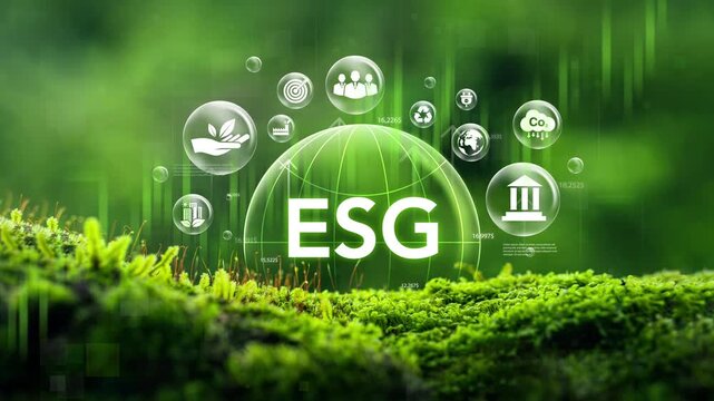 The concept of ESG Environmental, Social, and Governance with an ESG icon on the moss. A green business focusing on sustainability and ethics.