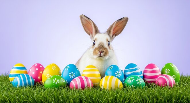 Cute Easter Bunny Behind Colorful Painted Eggs in Green Grass on Purple Background Holiday Concept