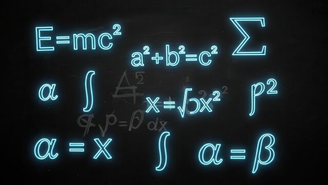 Glowing scientific formulas and mathematical equations illuminating a dark academic background