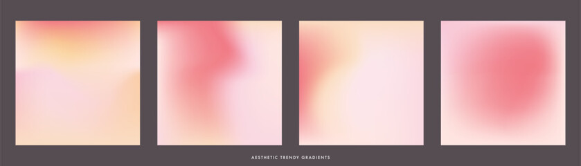 Naklejka premium Light peach pink yellow gradient background. Abstract soft aura texture. Set of 4 square vector aesthetic pink beige aura bg for poster, banner, social media, beauty, cosmetics and wedding design