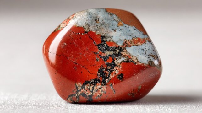 Polished red jasper gemstone close-up on white. 