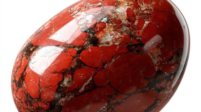 Polished red jasper gemstone close-up on white. 