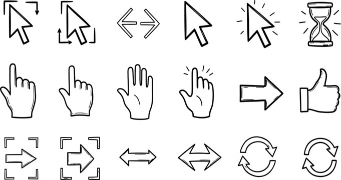 Diverse collection of black and white cursor and hand icons representing interaction and control