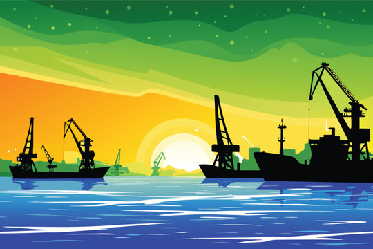 Sunset Harbor Silhouette Scene Vector Illustratio