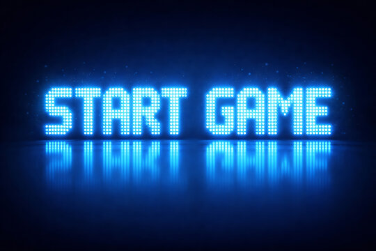 Illuminated start game text with a reflective surface below