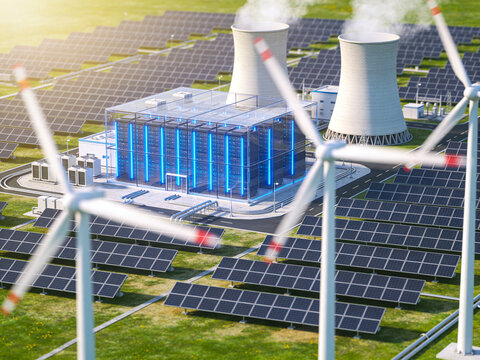 A futuristic data center surrounded by solar panels, wind turbines, and cooling towers, representing a hybrid energy solution.
