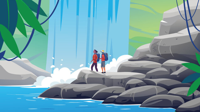 Waterfall Exploration Scene Vector Illustration o