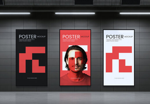 Indoor Three Poster Wall Mockup
