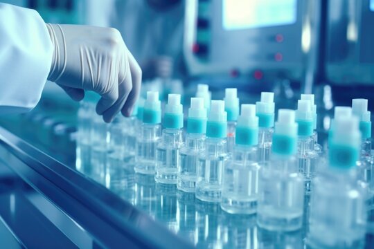 A hand in a glove takes an antiseptic at a factory