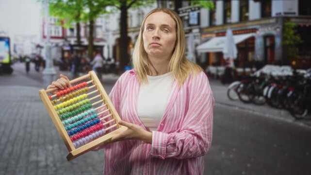 Woman holding abacus with both hands showing skeptical expression on a busy street; frustration calculation.