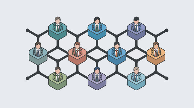 A group of businessmen connected in a network structure with colorful blocks and lines on a white background