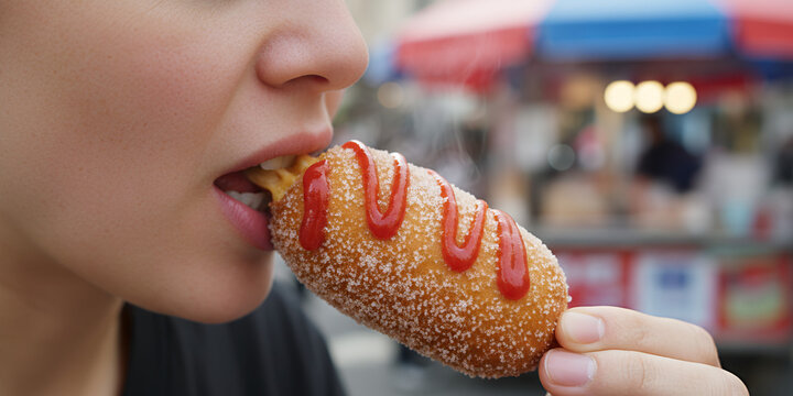 First Bite Korean Corn Dog Close Up Street Food Moment