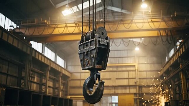 A large industrial crane hook hangs in a workshop, ready for heavy lifting operations