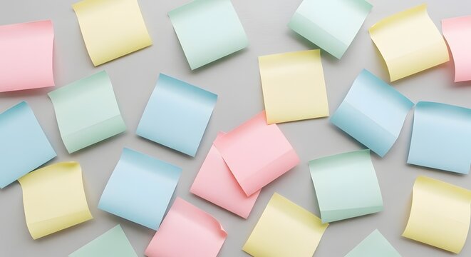 Pastel sticky notes scattered across gray backdrop, top view creative flat lay