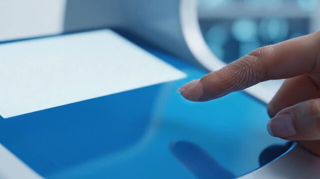 Fingerprint scanning process on biometric device with confirmation checkmark displayed
