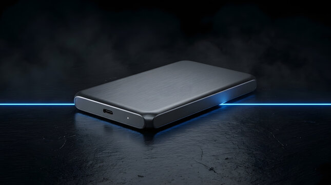 External SSD hard drive glowing on dark surface with blue light technology concept