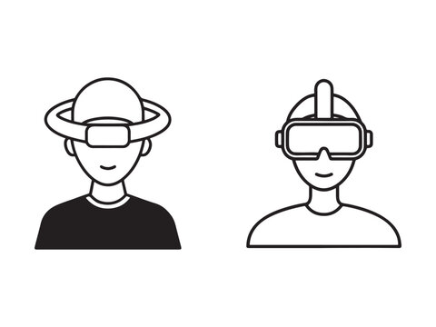 Two people wearing virtual reality headsets and futuristic goggles for gaming and technology  modern tech accessories