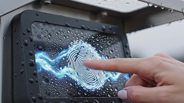 Finger touches wet touchscreen displaying fingerprint pattern and blue light effects in outdoor setting