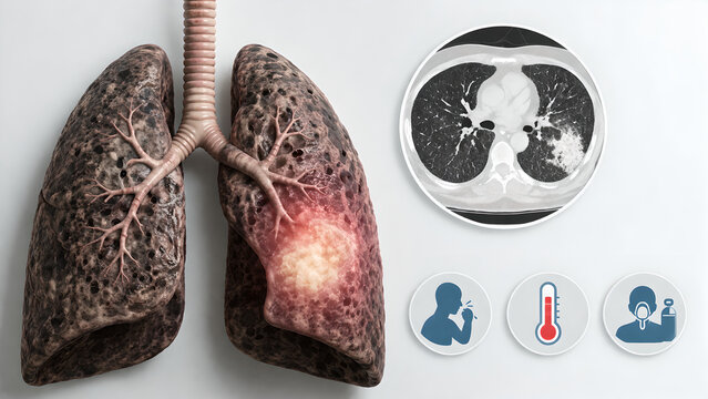 Photorealistic chest X-ray image: background COPD features with hyperinflated lungs, flattened diaphragms, plus a new focal consolidation in one lower lobe consistent with pneumonia