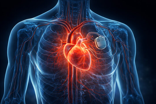 Human heart with implanted pacemaker illuminated internal anatomy visible