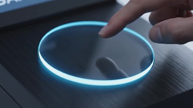 Finger touches biometric scanner, fingerprint recognition activates, confirmation signal displayed