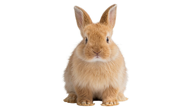 Isolated charming fluffy small brown bunny sitting attentively with upright ears facing camera