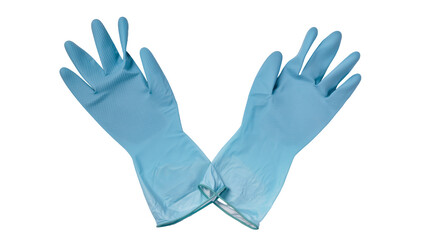 Obraz premium Isolated pair of light blue rubber household cleaning gloves for hygiene and protection