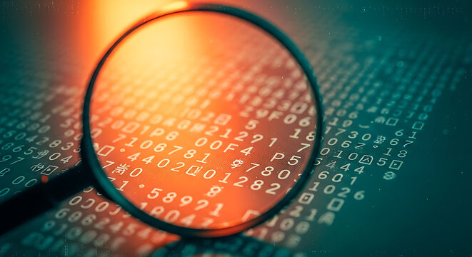 A magnifying glass is focused on a background of computer code and binary numbers.