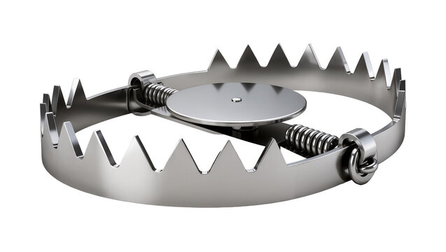 Isolated dangerous metal bear trap with sharp teeth, a symbol of risk and confinement