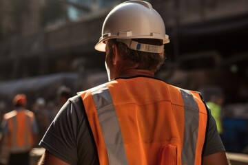 Obraz premium A man wearing white safety vest construction hardhat helmet.