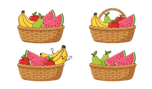 Flat vector fruit baskets with apples pears and watermelon harvest in wicker containers isolated on white background for farm produce design