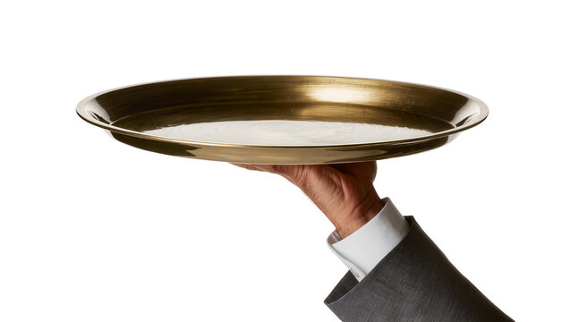 Isolated Stylish hand of a formal server presenting an empty, gleaming brass serving dish.