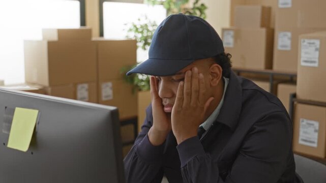 Man with hands on face at computer in a parcel warehouse surrounded by stacked boxes and labels; work fatigue.