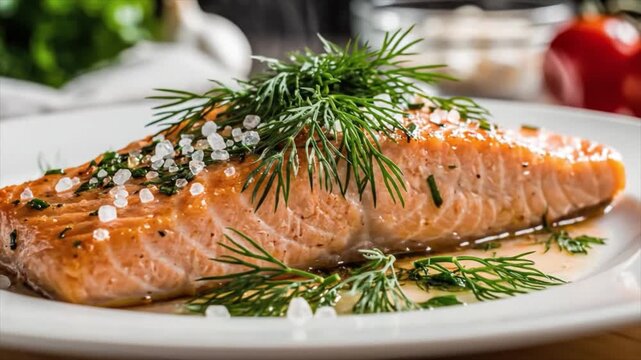 Grilled salmon fillets with fresh dill and salt on a white plate indoors