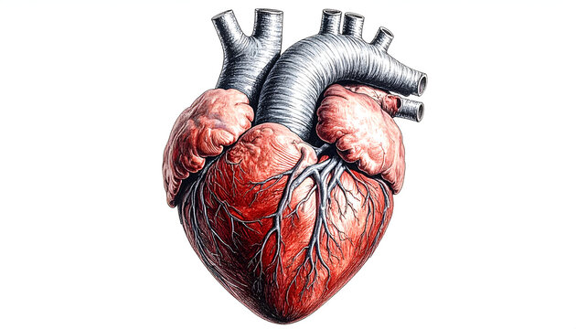 A detailed anatomical illustration depicts a human heart with visible arteries and chambers.