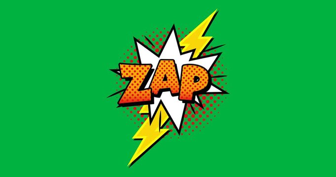 Animation of vintage comic cartoon speech bubble with Zap! text written in orange