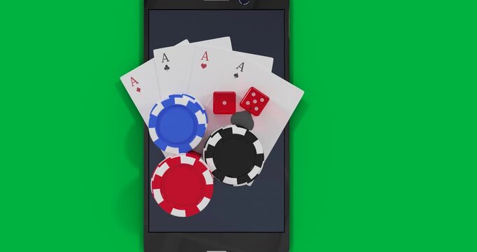 Animation of gaming chips, dice and four aces playing cards on black background