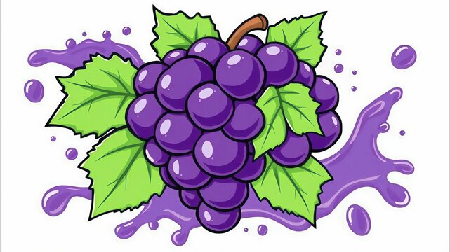 Fresh Purple Grapes with Juice Splash Cartoon Vector Illustration on White Background