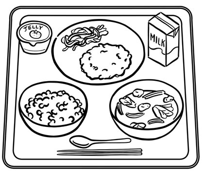 紙パック牛乳と白米の給食メニュー　線画