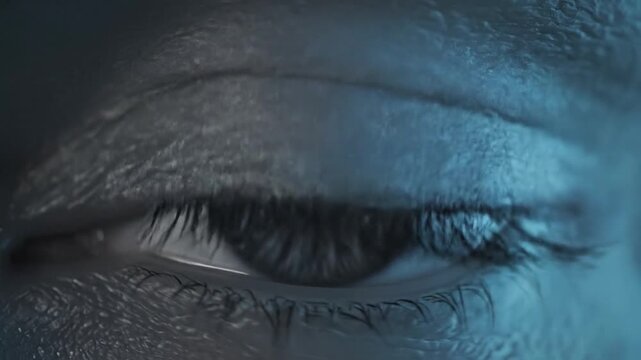 Close-up of human eye with digital interface displaying visual patterns and scanning elements