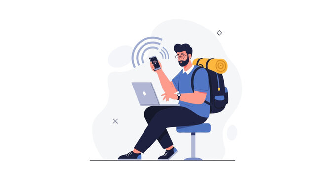 Man with backpack using laptop and phone, connected to wifi, digital nomad concept