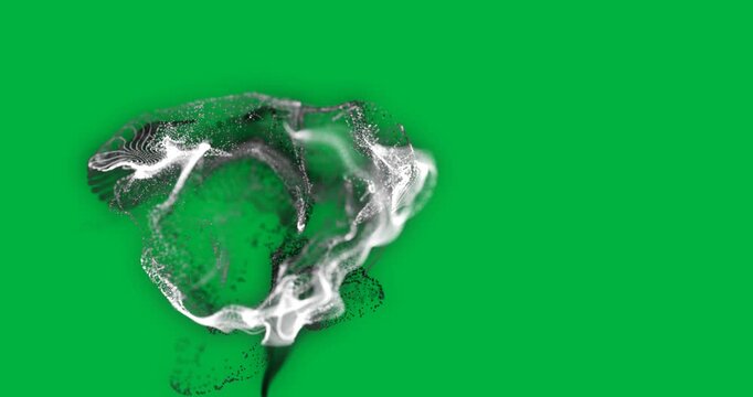 Animation of grey smoke trail with particles flowing on white background