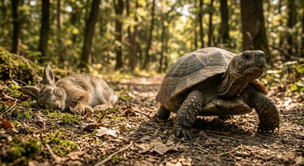 Obraz premium Tortoise and sleeping rabbit on a forest path at sunset, illustration for Aesop's Fables