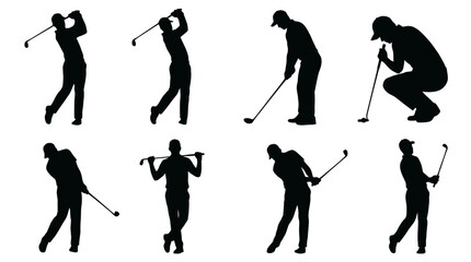 Naklejka premium Silhouettes of professional executives and senior managers playing golf in various action poses on white background, concept for executive leisure, corporate networking and business recreation