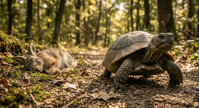 Tortoise and sleeping rabbit on a forest path at sunset, illustration for Aesop's Fables