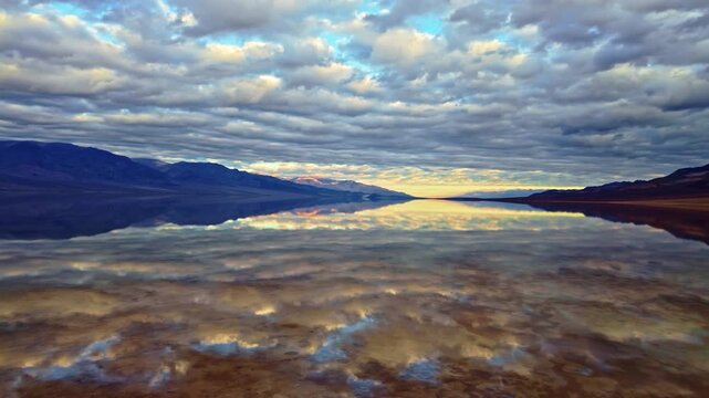 Panoramic mountain range reflecting in still mirror waters at Badwater Basin Death Valley California