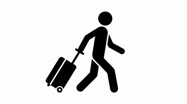 Black silhouette of a professional sales manager walking while pulling a heavy travel suitcase on wheels, concept for business trip presentation, corporate identity and airport signage